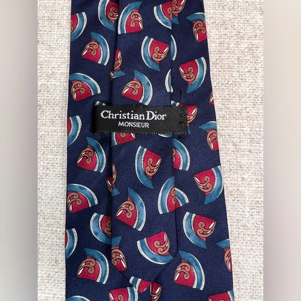 Christian Dior Monsieur tie, abstract print, navy blue red, silk made in the USA